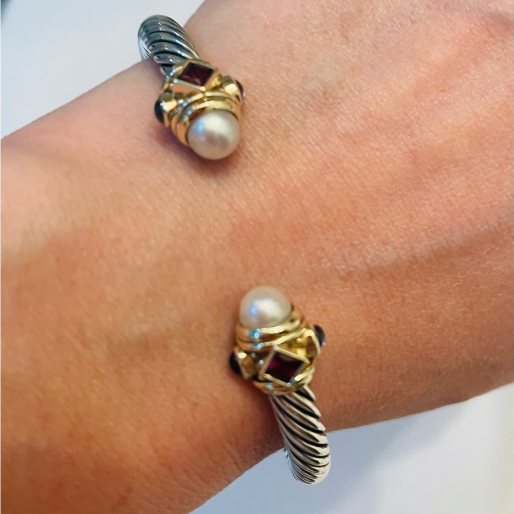 David Yurman Renaissance Cable Bracelet. Sterling silver, yellow gold, pearl